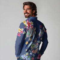 Hawaiian Turtles and Tropical Plants Long Sleeve Polo Shirt Blue Watercolor
