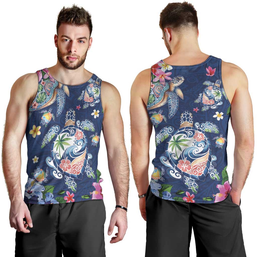 Hawaiian Turtles and Tropical Plants Men Tank Top Blue Watercolor