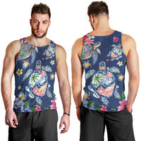 Hawaiian Turtles and Tropical Plants Men Tank Top Blue Watercolor
