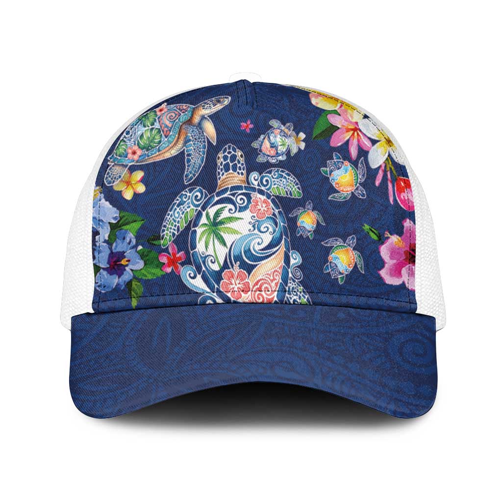Hawaiian Turtles and Tropical Plants Mesh Trucker Cap Blue Watercolor