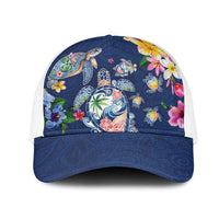 Hawaiian Turtles and Tropical Plants Mesh Trucker Cap Blue Watercolor