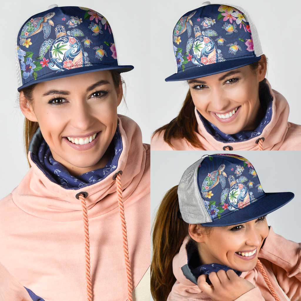 Hawaiian Turtles and Tropical Plants Mesh Trucker Cap Blue Watercolor