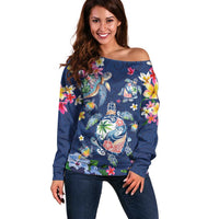 Hawaiian Turtles and Tropical Plants Off Shoulder Sweater Blue Watercolor