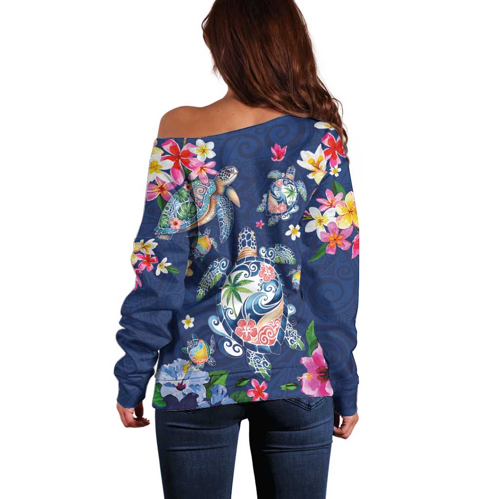 Hawaiian Turtles and Tropical Plants Off Shoulder Sweater Blue Watercolor