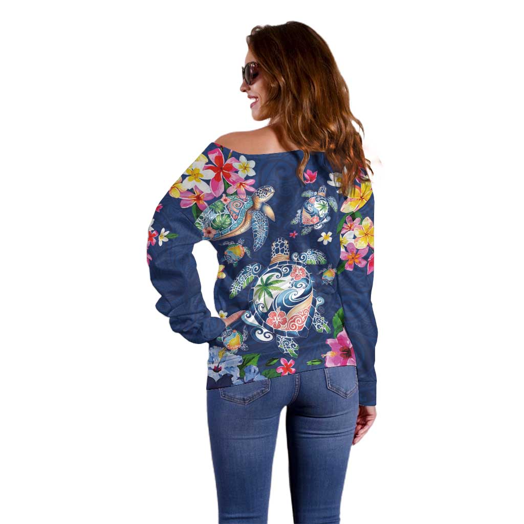 Hawaiian Turtles and Tropical Plants Off Shoulder Sweater Blue Watercolor