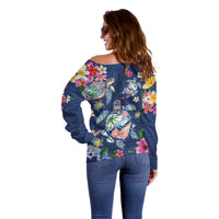 Hawaiian Turtles and Tropical Plants Off Shoulder Sweater Blue Watercolor