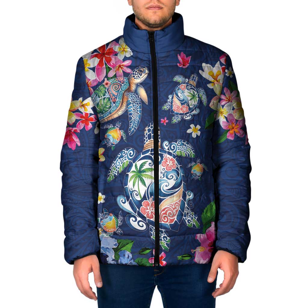 Hawaiian Turtles and Tropical Plants Padded Jacket Blue Watercolor