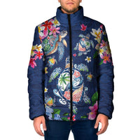 Hawaiian Turtles and Tropical Plants Padded Jacket Blue Watercolor