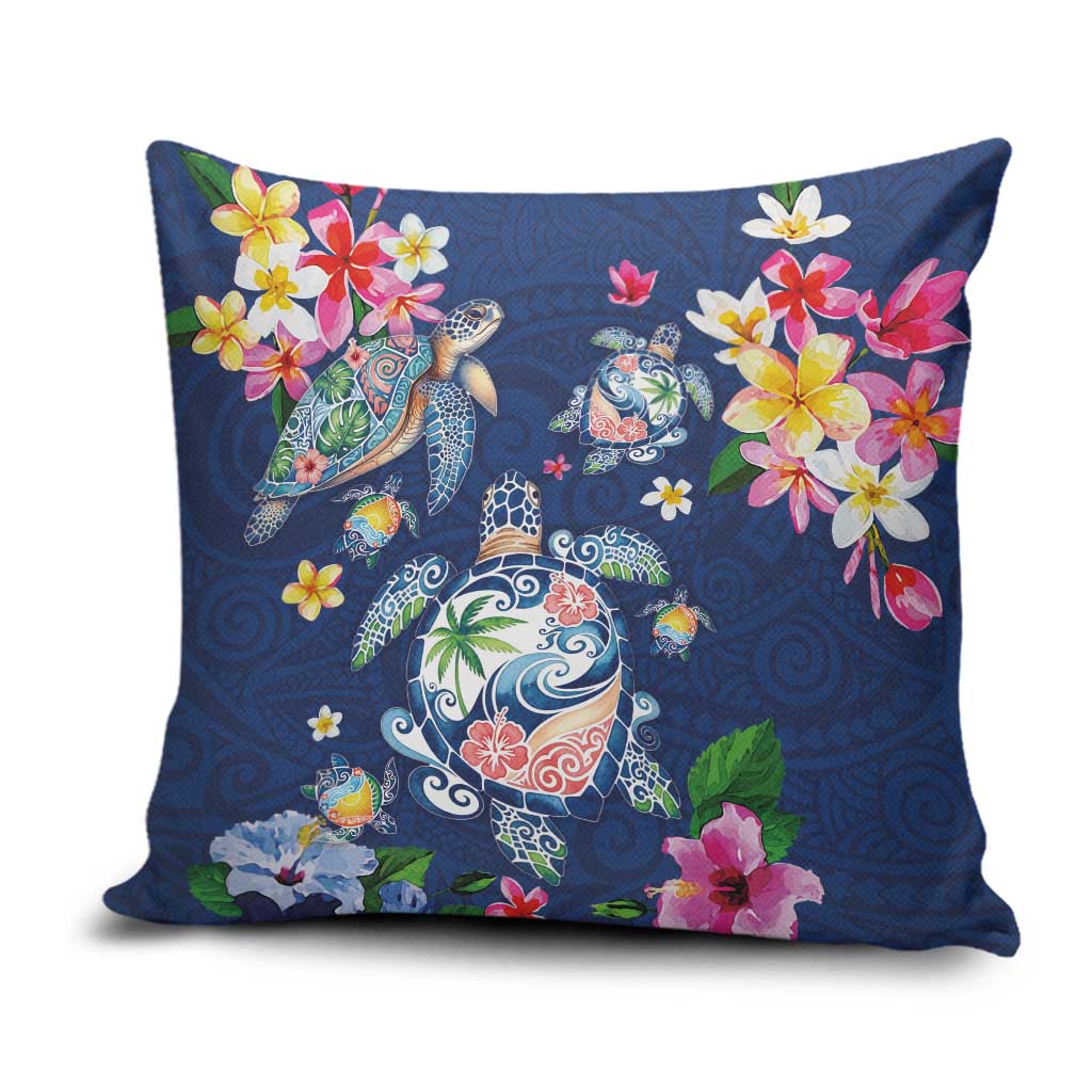 Hawaiian Turtles and Tropical Plants Pillow Cover Blue Watercolor