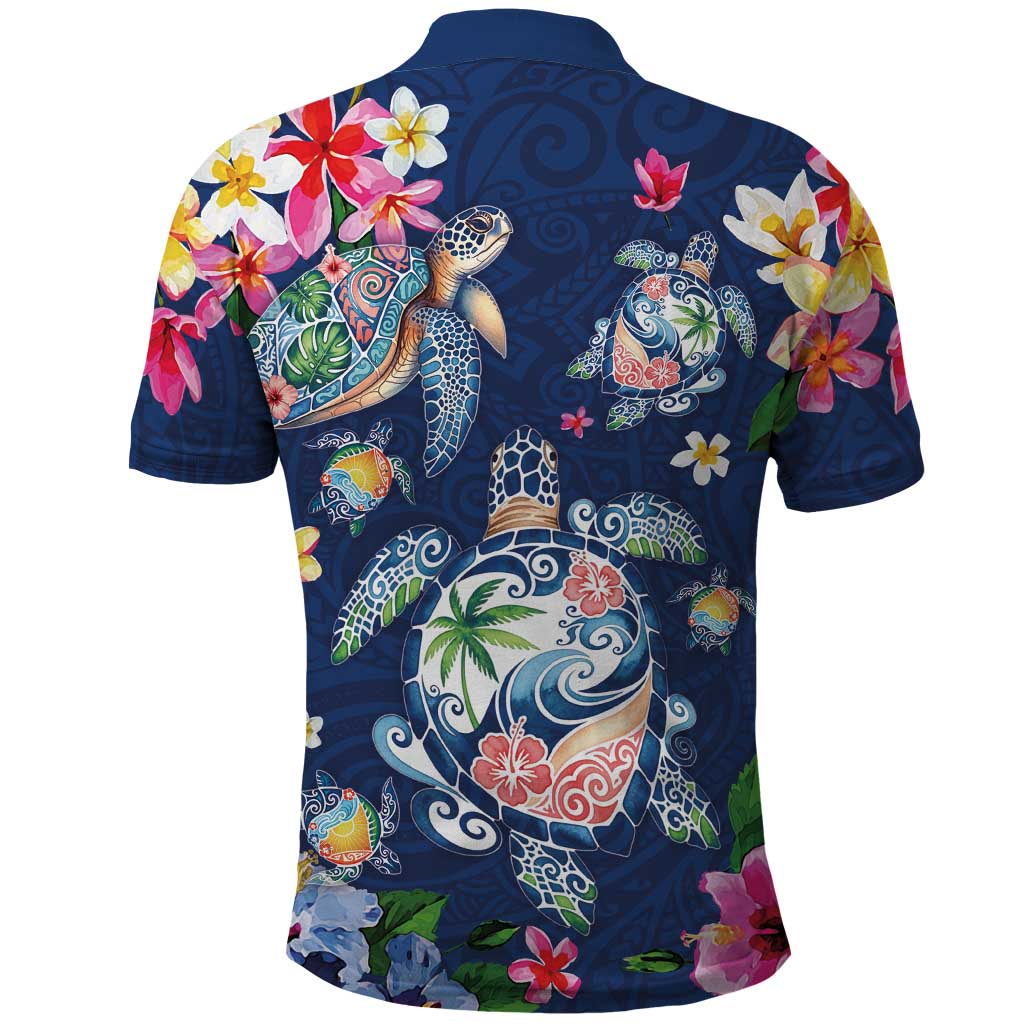 Hawaiian Turtles and Tropical Plants Polo Shirt Blue Watercolor