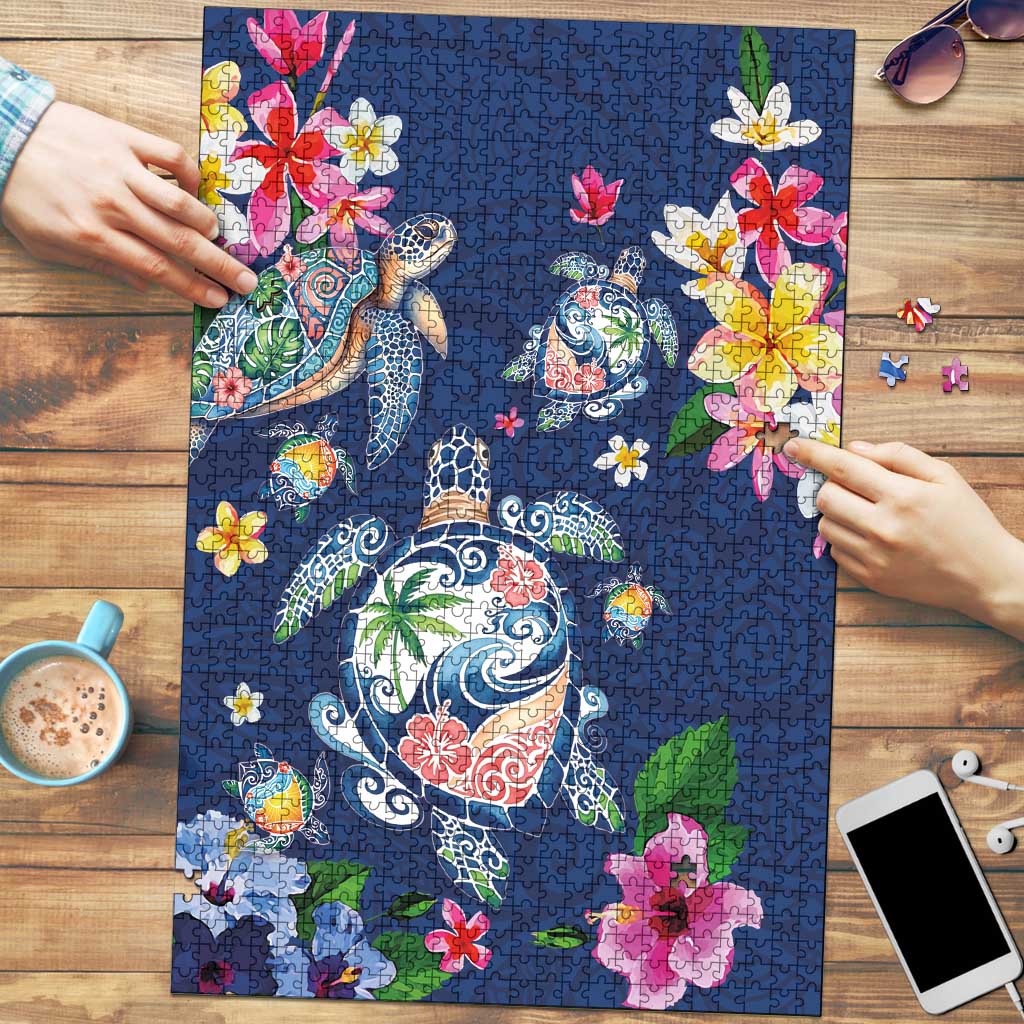 Hawaiian Turtles and Tropical Plants Puzzle Blue Watercolor