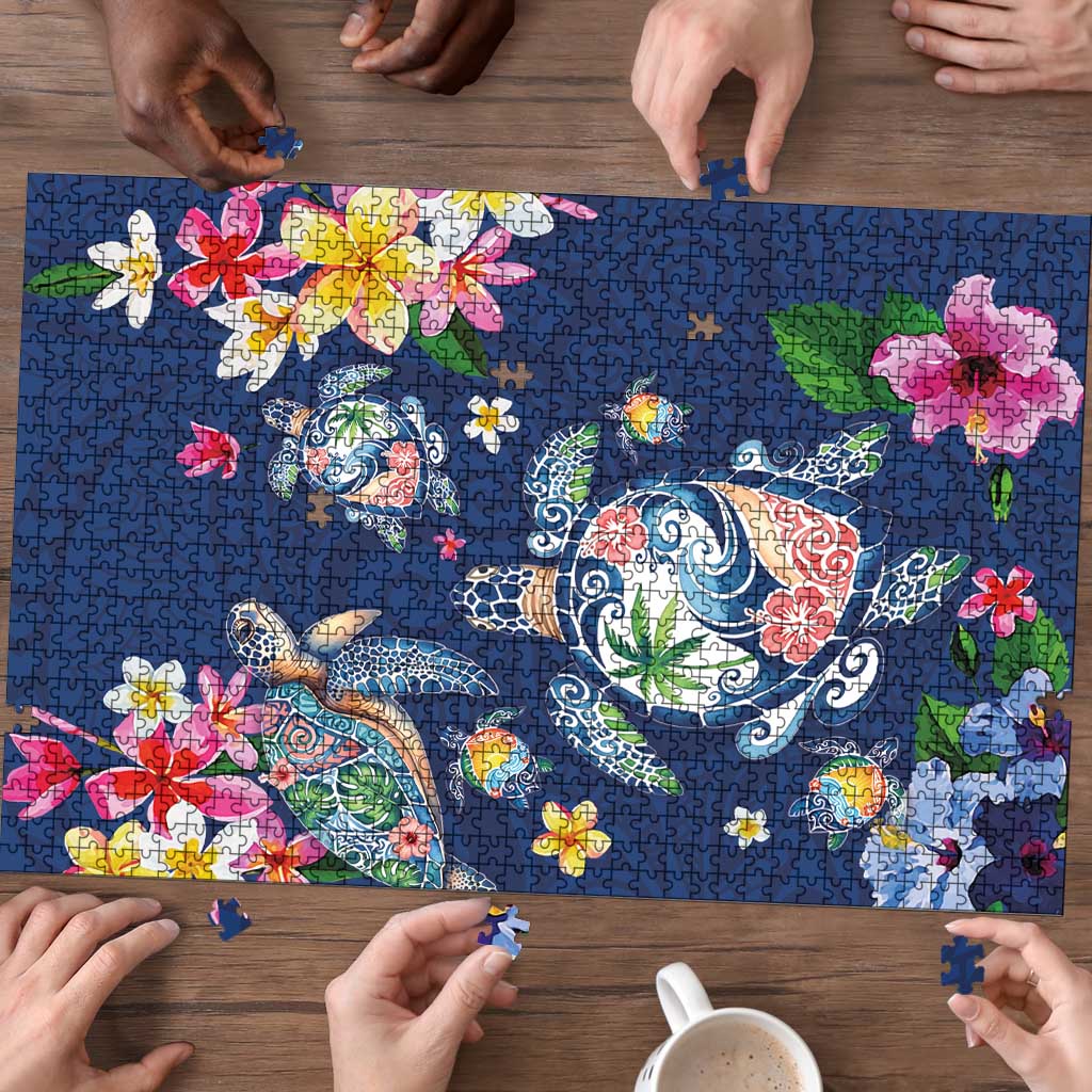 Hawaiian Turtles and Tropical Plants Puzzle Blue Watercolor
