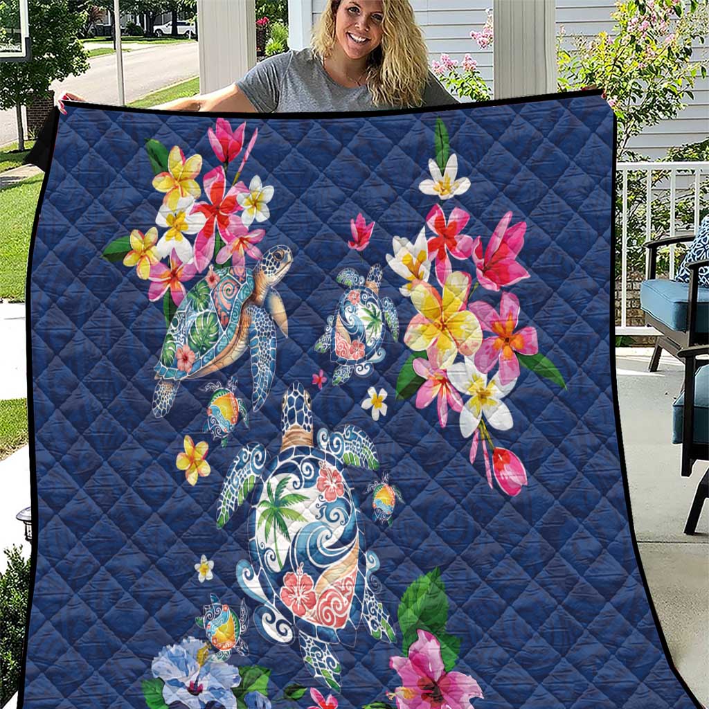 Hawaiian Turtles and Tropical Plants Quilt Blue Watercolor