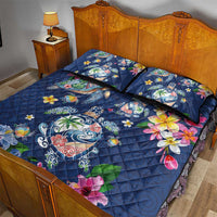 Hawaiian Turtles and Tropical Plants Quilt Bed Set Blue Watercolor