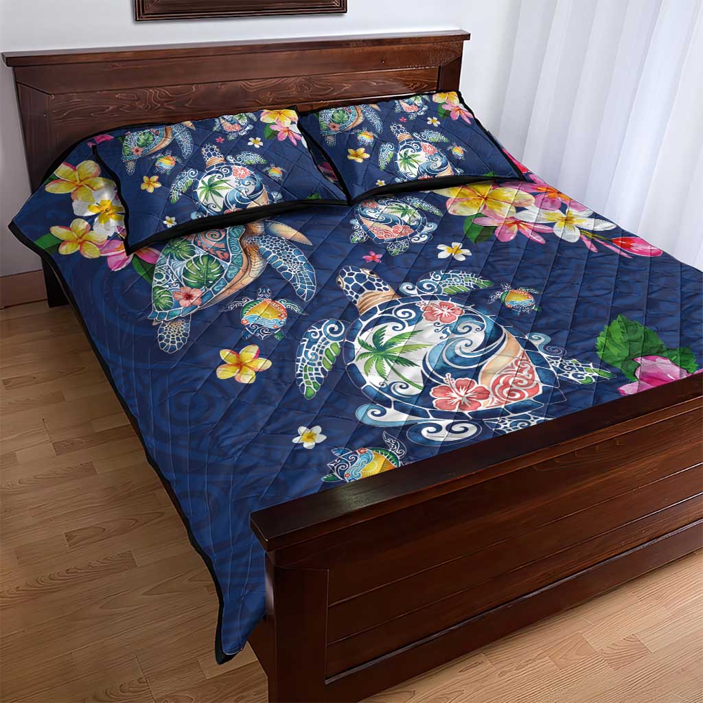 Hawaiian Turtles and Tropical Plants Quilt Bed Set Blue Watercolor