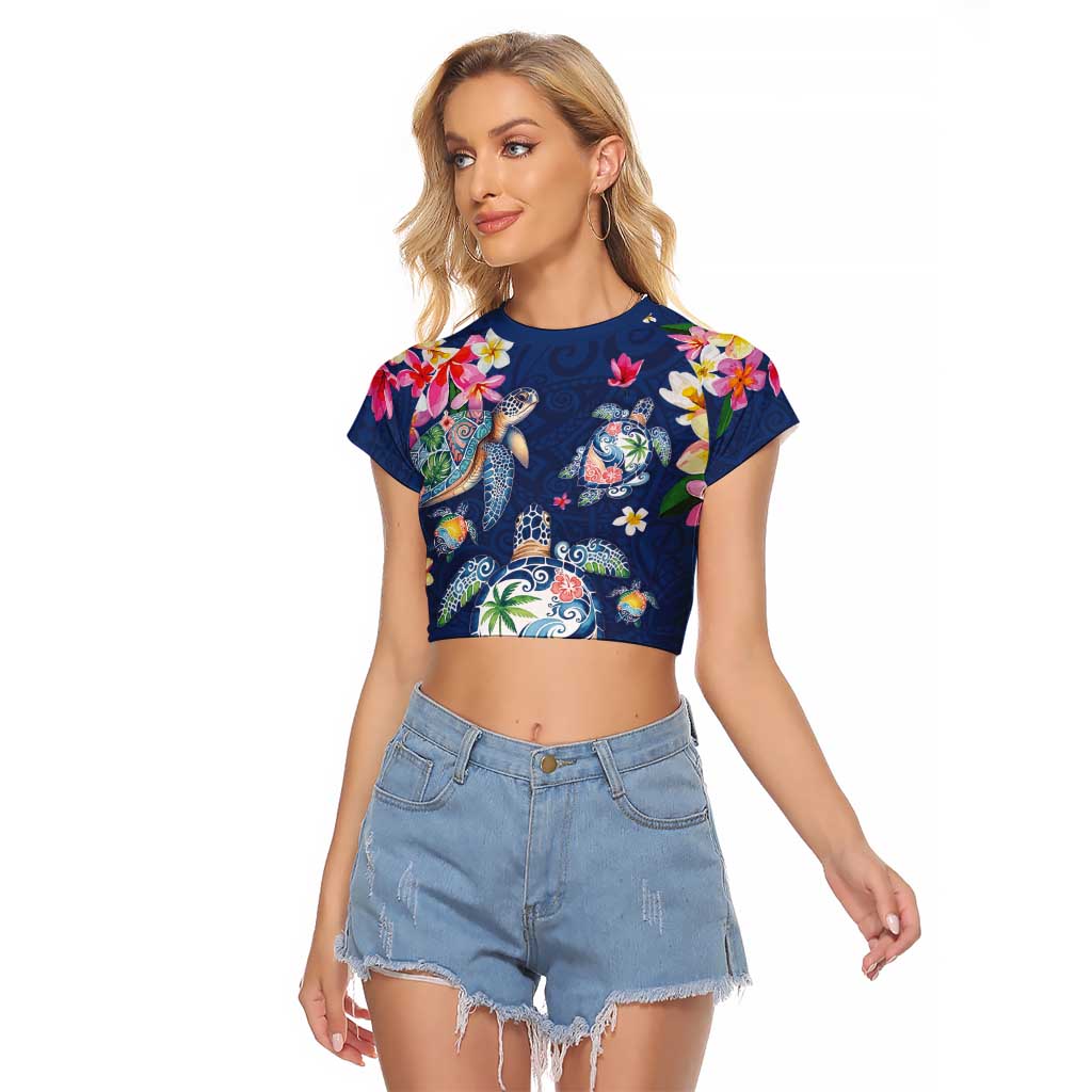 Hawaiian Turtles and Tropical Plants Raglan Cropped T Shirt Blue Watercolor