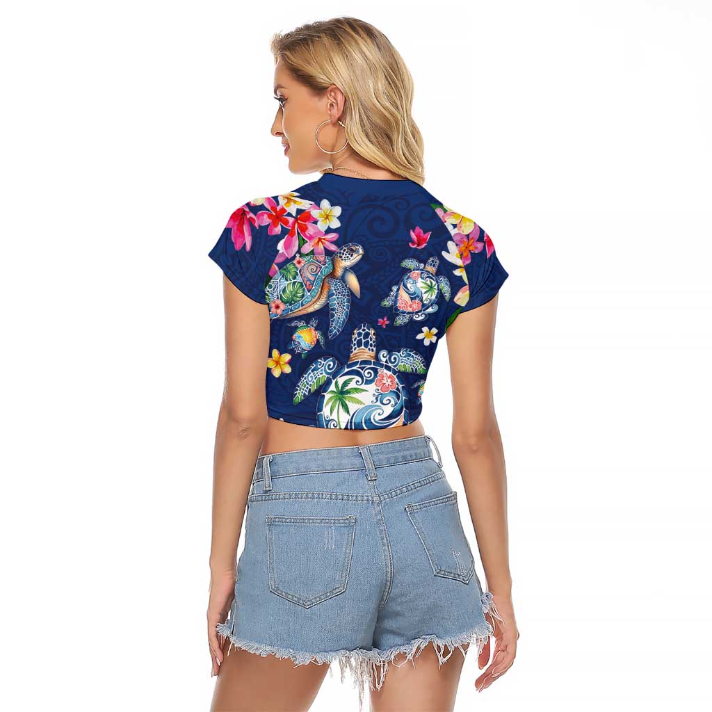 Hawaiian Turtles and Tropical Plants Raglan Cropped T Shirt Blue Watercolor