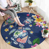 Hawaiian Turtles and Tropical Plants Round Carpet Blue Watercolor