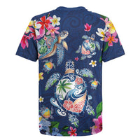 Hawaiian Turtles and Tropical Plants Rugby Jersey Blue Watercolor
