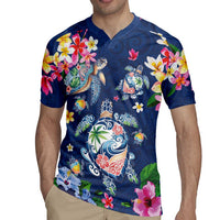 Hawaiian Turtles and Tropical Plants Rugby Jersey Blue Watercolor