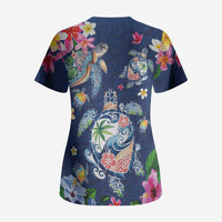 Hawaiian Turtles and Tropical Plants Scrub Top Blue Watercolor