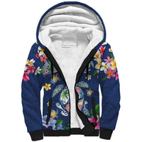 Hawaiian Turtles and Tropical Plants Sherpa Hoodie Blue Watercolor