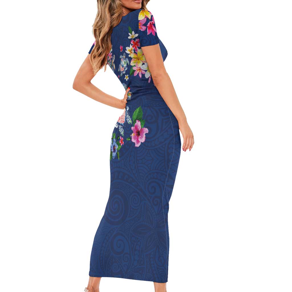 Hawaiian Turtles and Tropical Plants Short Sleeve Bodycon Dress Blue Watercolor