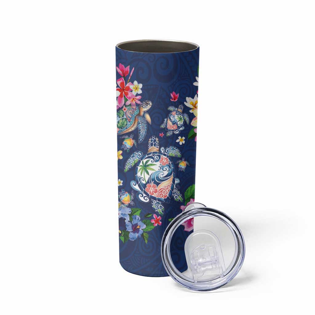 Hawaiian Turtles and Tropical Plants Skinny Tumbler Blue Watercolor