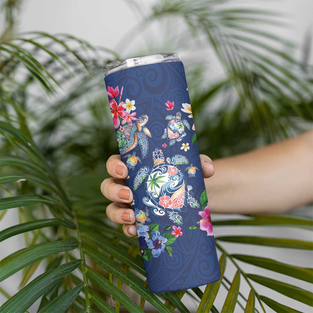 Hawaiian Turtles and Tropical Plants Skinny Tumbler Blue Watercolor