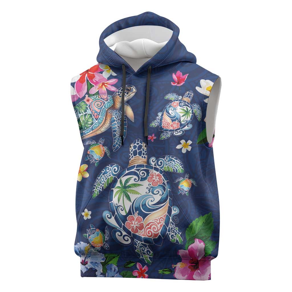 Hawaiian Turtles and Tropical Plants Sleeveless Hoodie Blue Watercolor