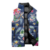 Hawaiian Turtles and Tropical Plants Sleeveless Puffer Jacket Blue Watercolor