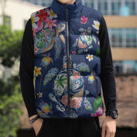 Hawaiian Turtles and Tropical Plants Sleeveless Puffer Jacket Blue Watercolor