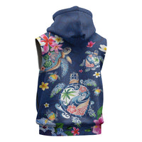Hawaiian Turtles and Tropical Plants Sleeveless Zip Hoodie Blue Watercolor
