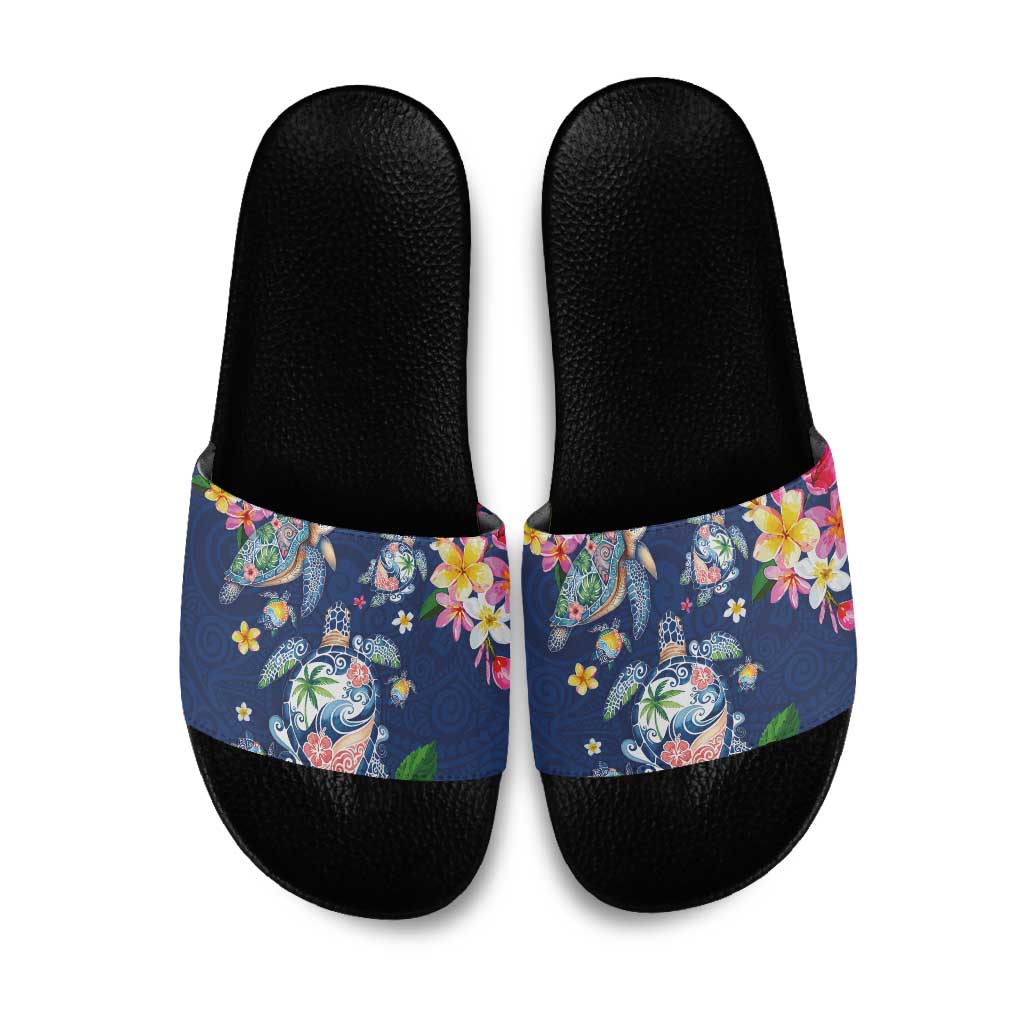 Hawaiian Turtles and Tropical Plants Slide Sandals Blue Watercolor