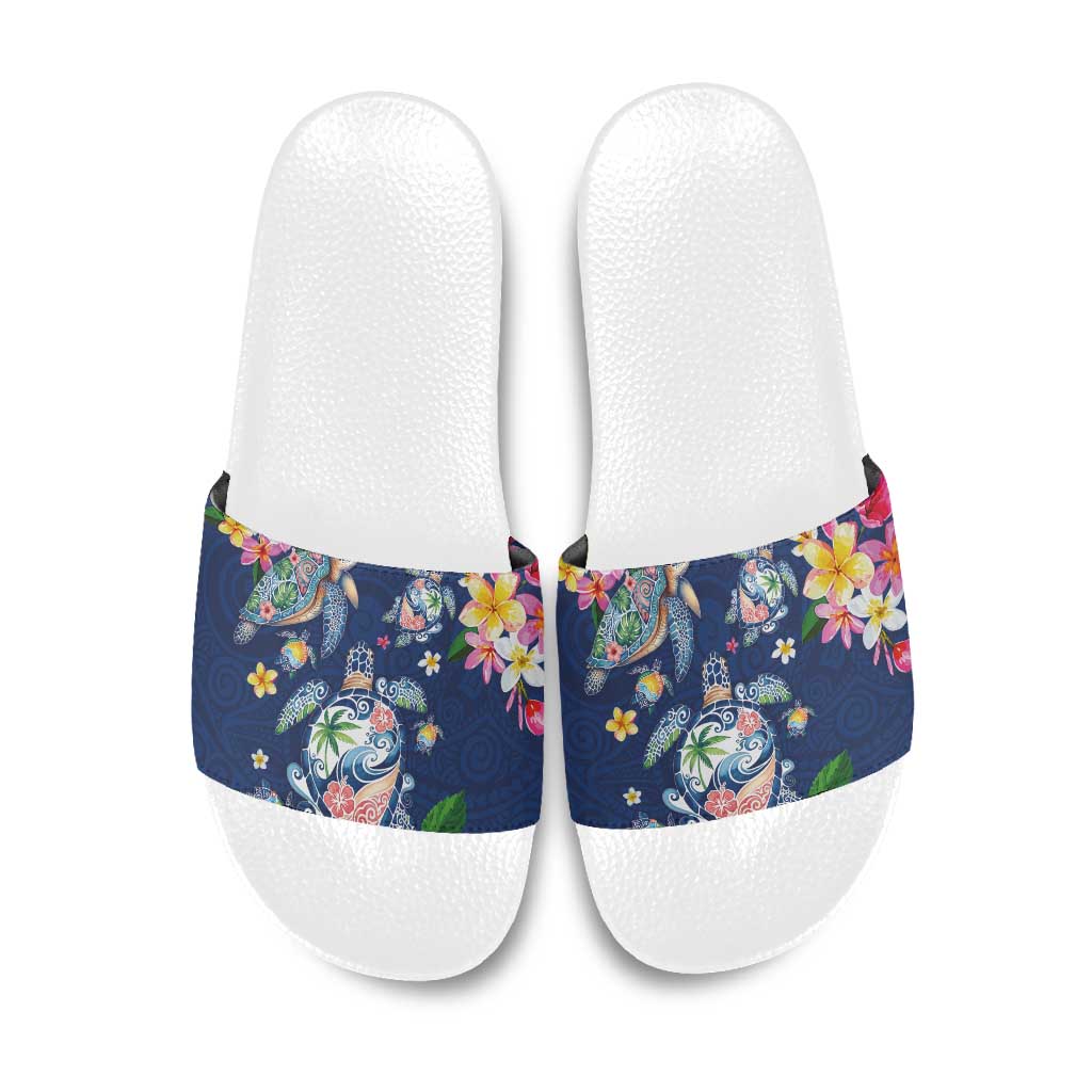 Hawaiian Turtles and Tropical Plants Slide Sandals Blue Watercolor