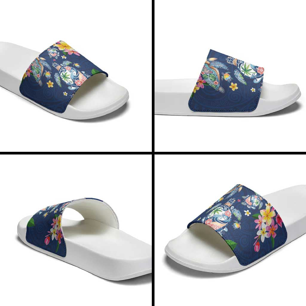 Hawaiian Turtles and Tropical Plants Slide Sandals Blue Watercolor