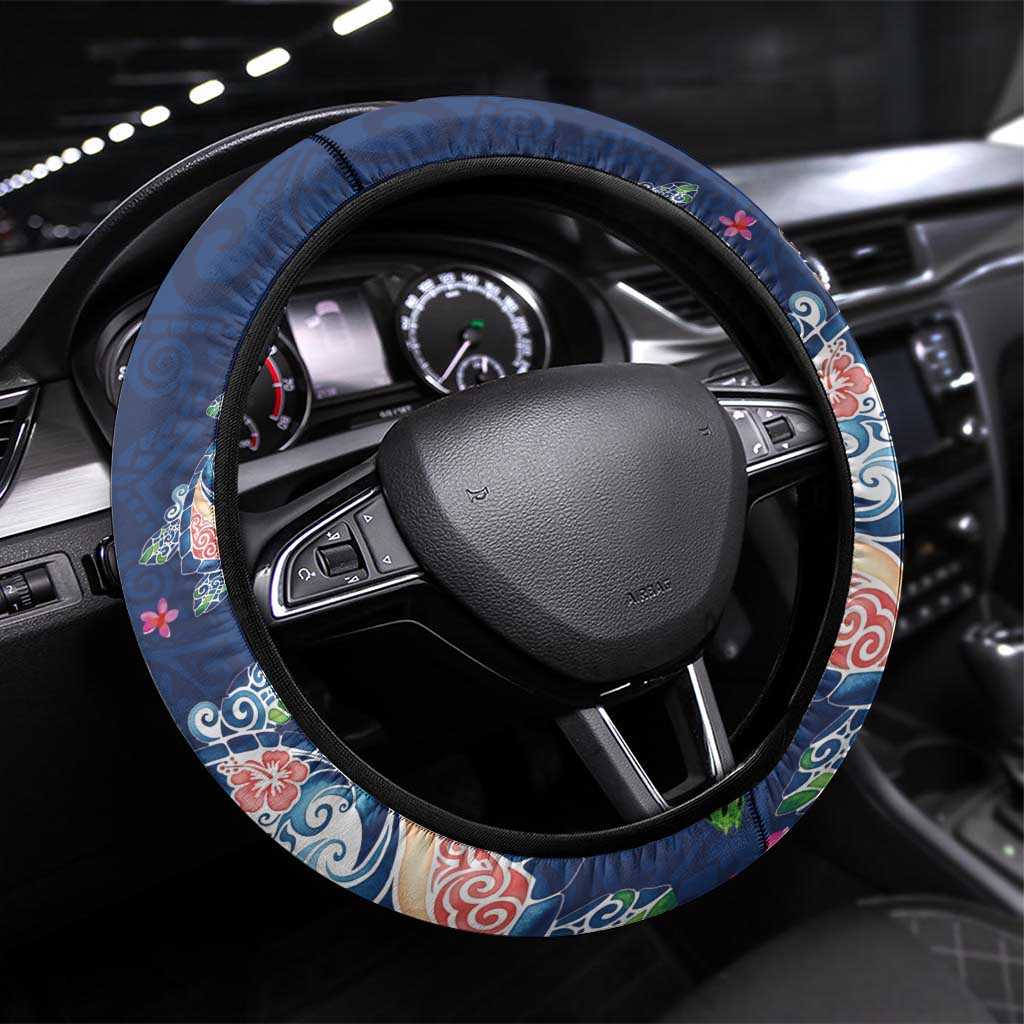 Hawaiian Turtles and Tropical Plants Steering Wheel Cover Blue Watercolor
