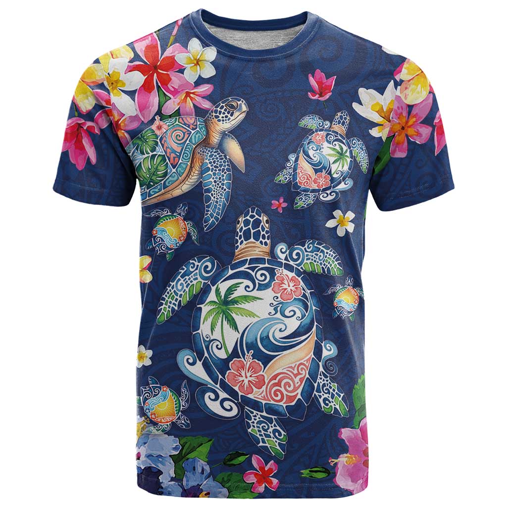 Hawaiian Turtles and Tropical Plants T Shirt Blue Watercolor