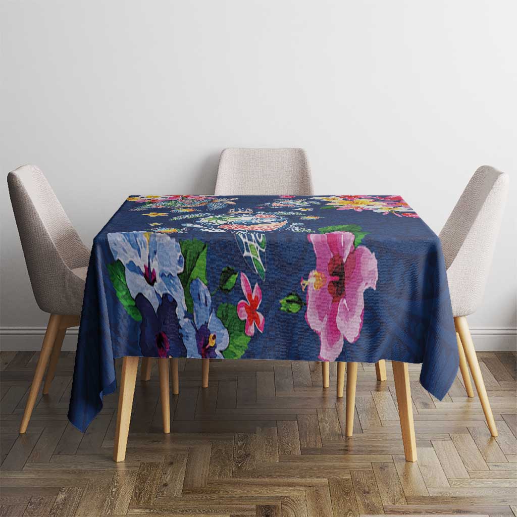 Hawaiian Turtles and Tropical Plants Tablecloth Blue Watercolor