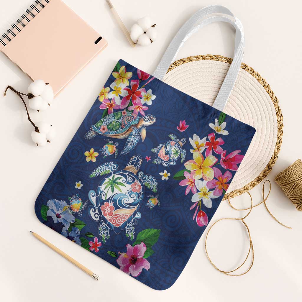 Hawaiian Turtles and Tropical Plants Tote Bag Blue Watercolor