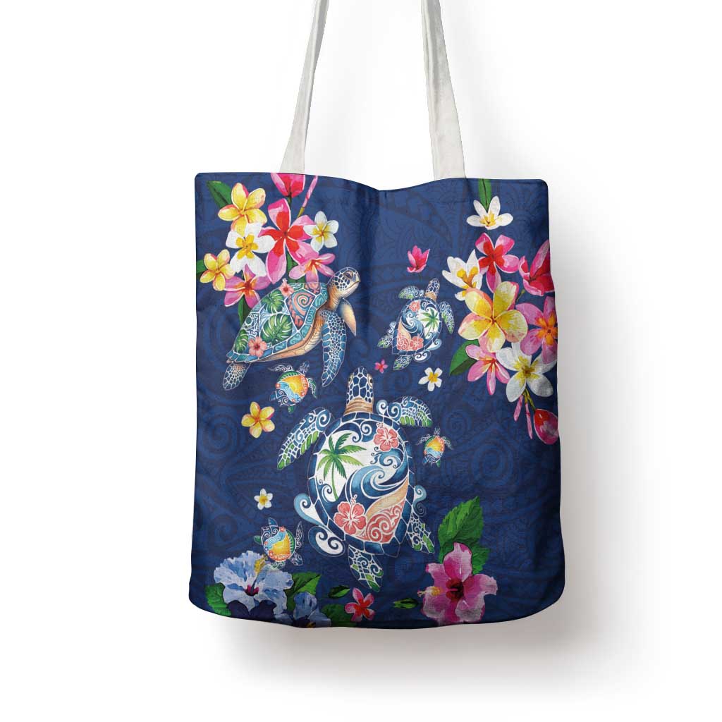 Hawaiian Turtles and Tropical Plants Tote Bag Blue Watercolor