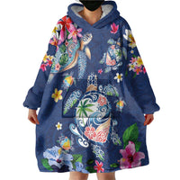 Hawaiian Turtles and Tropical Plants Wearable Blanket Hoodie Blue Watercolor