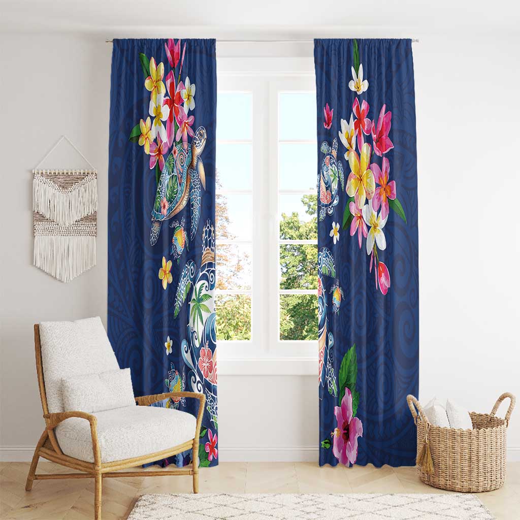 Hawaiian Turtles and Tropical Plants Window Curtain Blue Watercolor