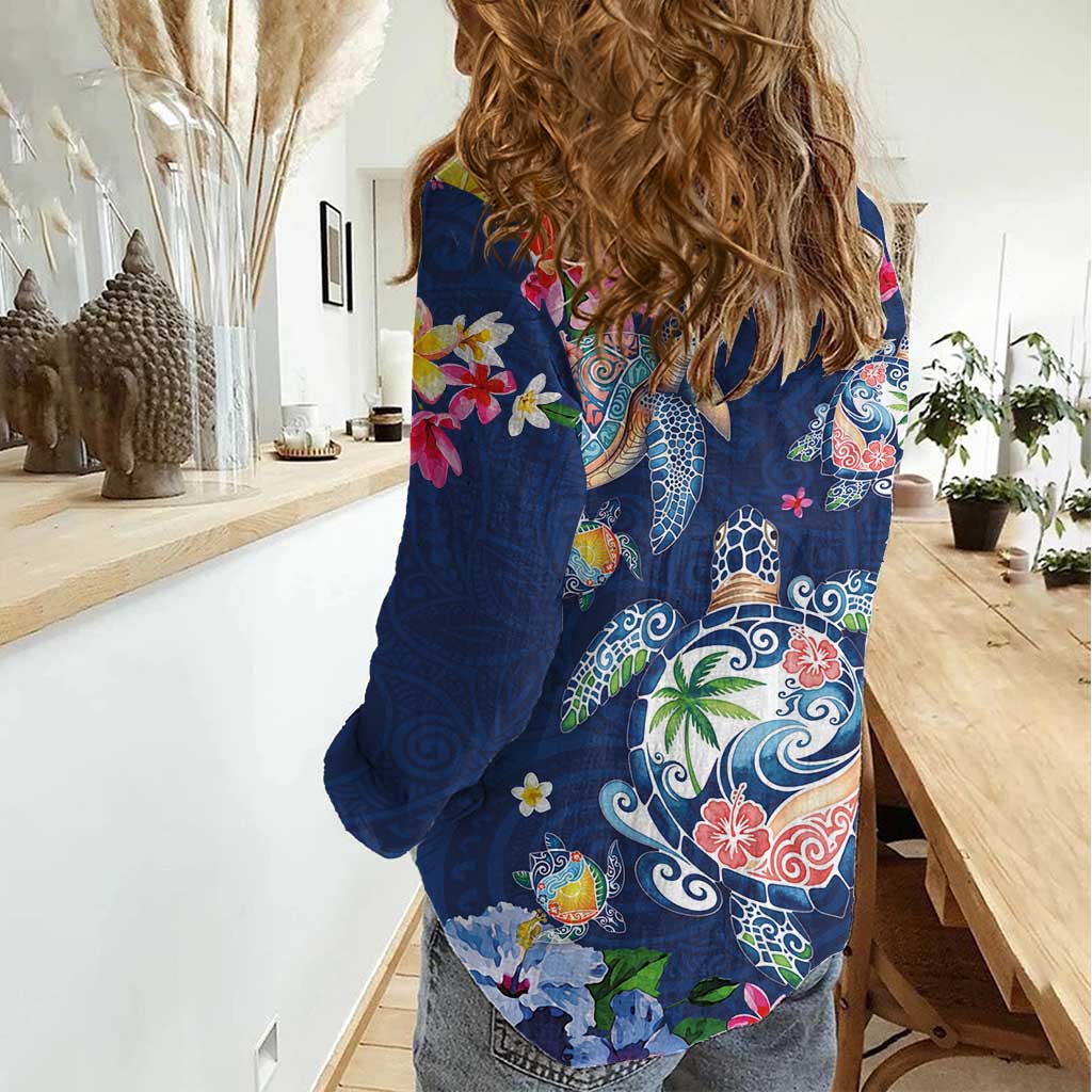 Hawaiian Turtles and Tropical Plants Women Casual Shirt Blue Watercolor