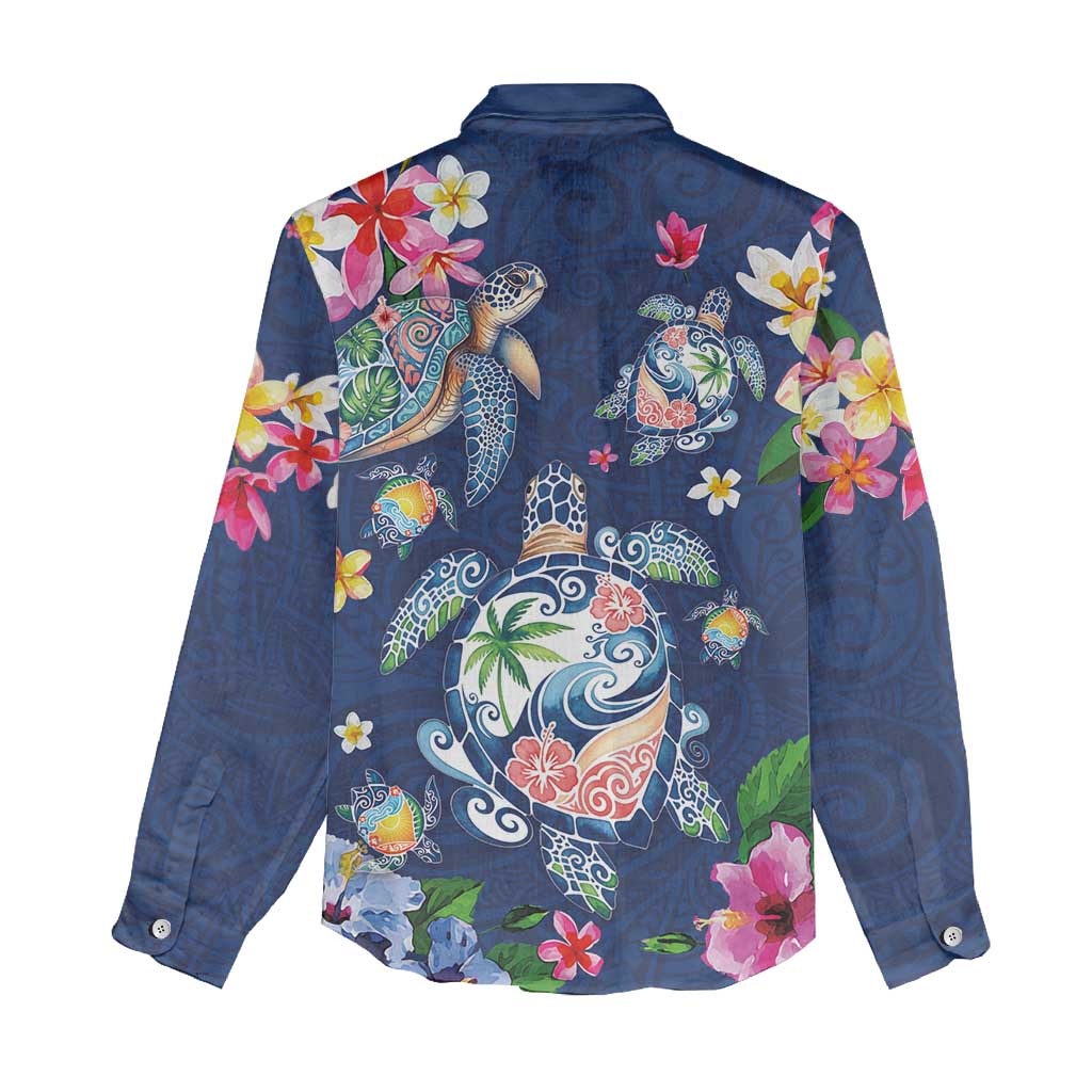Hawaiian Turtles and Tropical Plants Women Casual Shirt Blue Watercolor