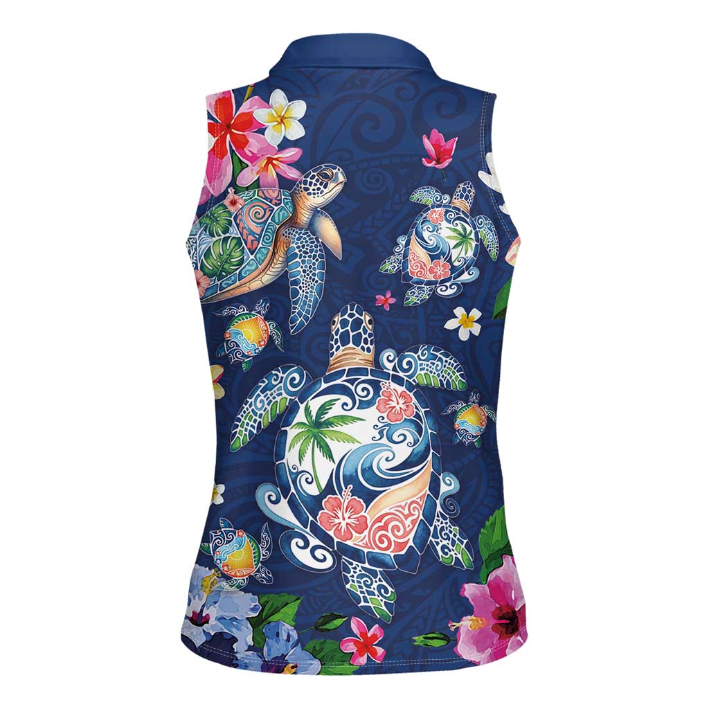 Hawaiian Turtles and Tropical Plants Women Sleeveless Polo Shirt Blue Watercolor