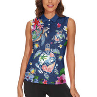 Hawaiian Turtles and Tropical Plants Women Sleeveless Polo Shirt Blue Watercolor