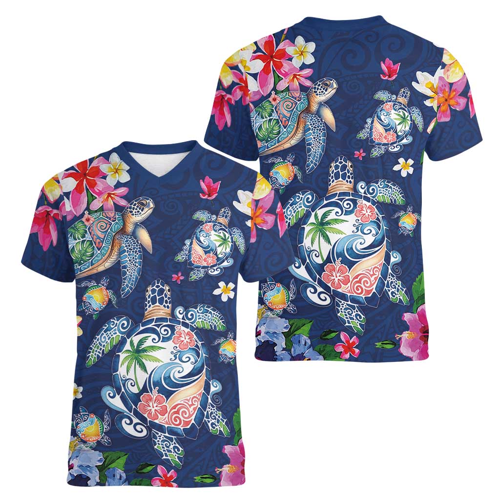 Hawaiian Turtles and Tropical Plants Women V-Neck T-Shirt Blue Watercolor