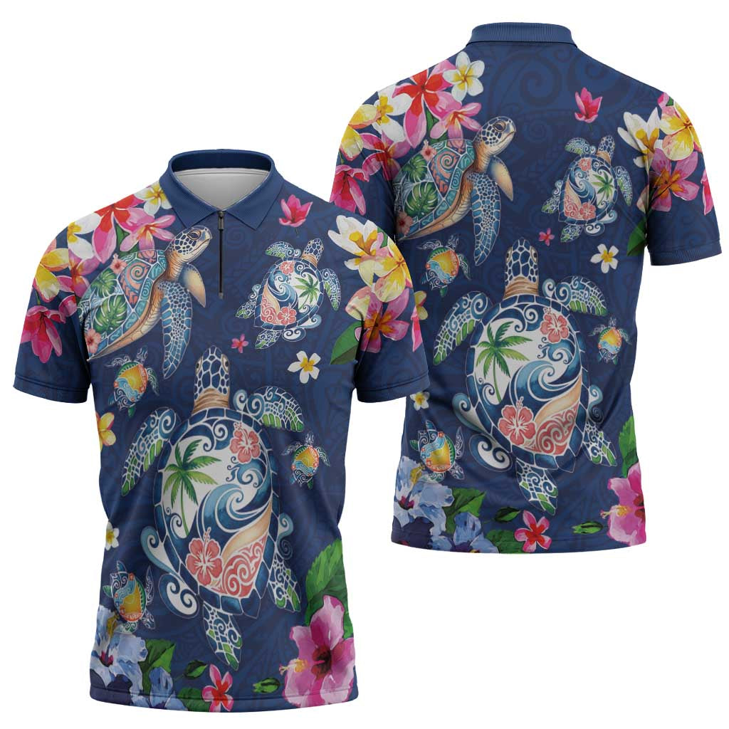 Hawaiian Turtles and Tropical Plants Zipper Polo Shirt Blue Watercolor