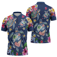 Hawaiian Turtles and Tropical Plants Zipper Polo Shirt Blue Watercolor